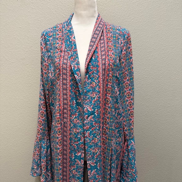 BCBGMAZAZRIA  Long Cardigan Size Large  Long Pink Blue Boho Duster Kimono - Picture 3 of 7